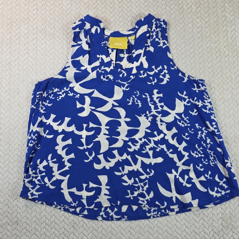 Maeve Anthropologie Blue White Bird Print‎ Sleeveless Split Neck Blouse Size 0